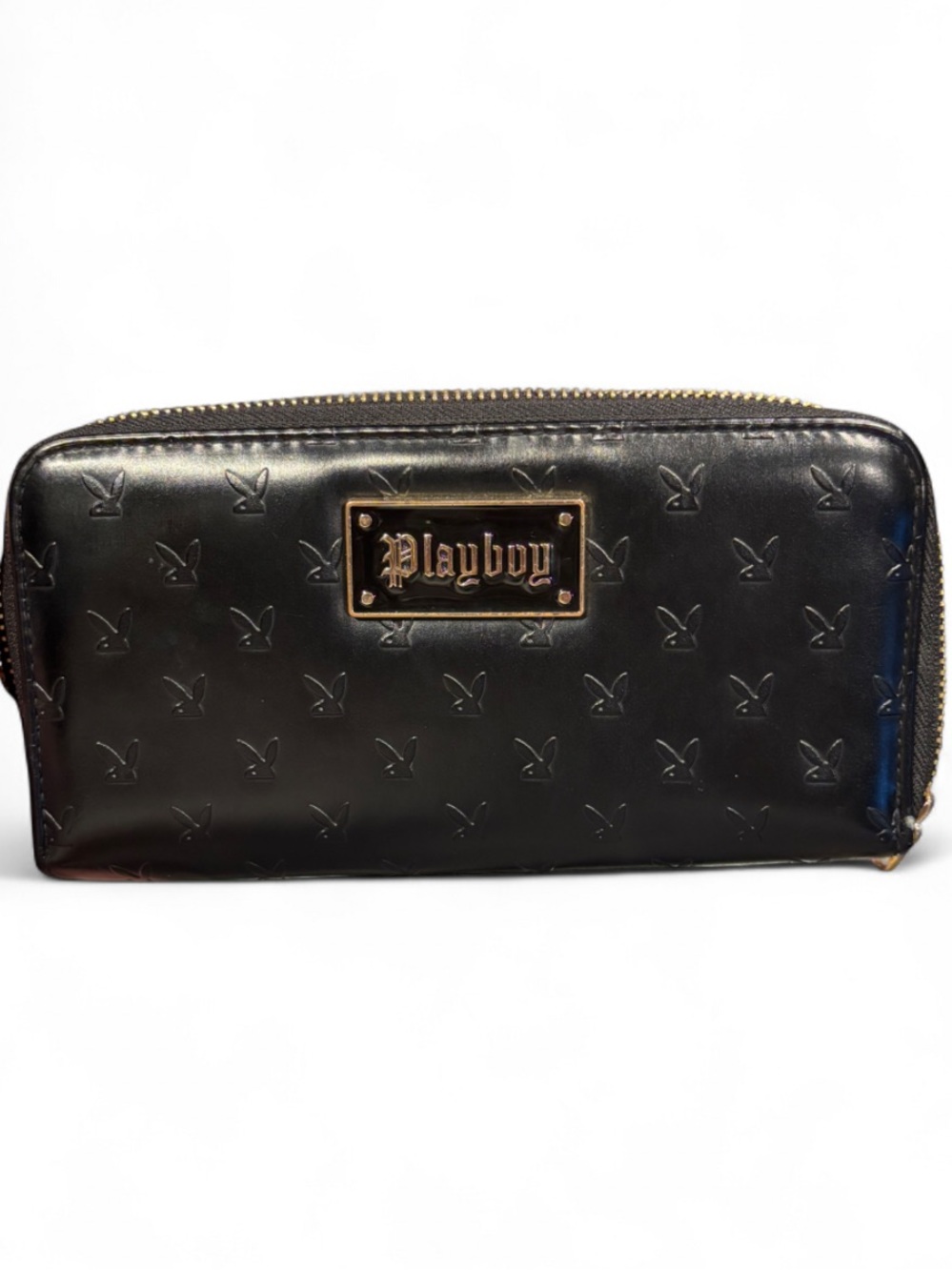 PLAYBOY Black Zip-Around Wallet with Embossed Bunny Pattern